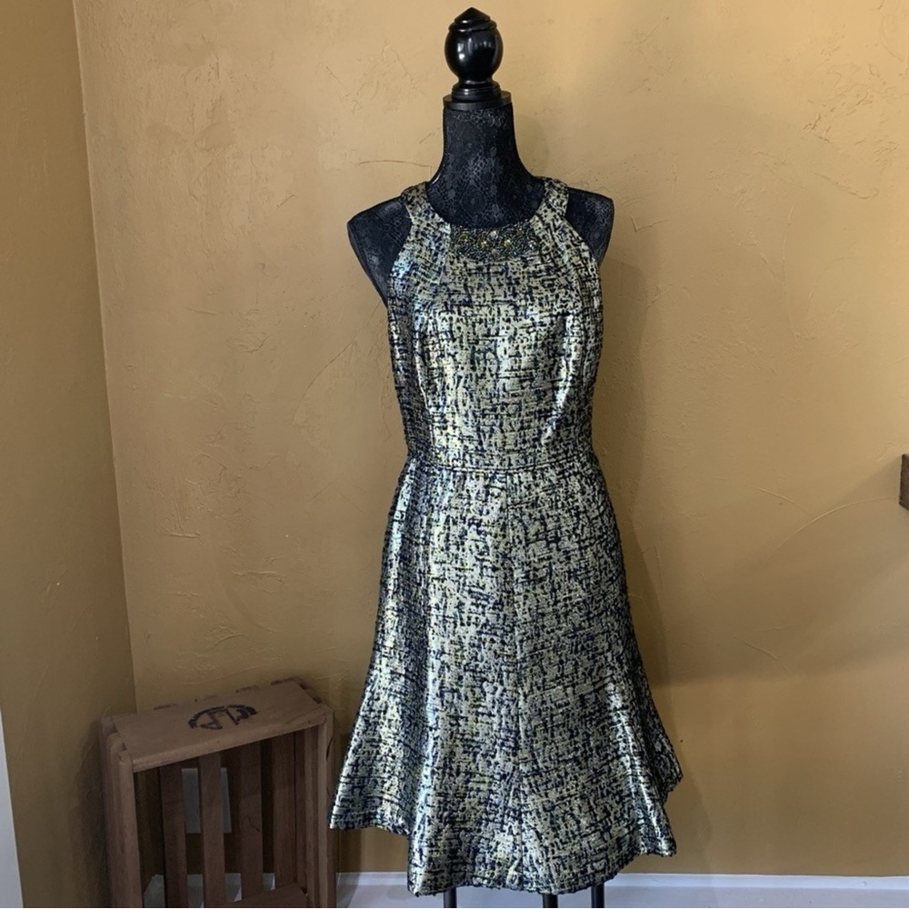 Maggy London Metallic Gold and Black Textured Midi Dress